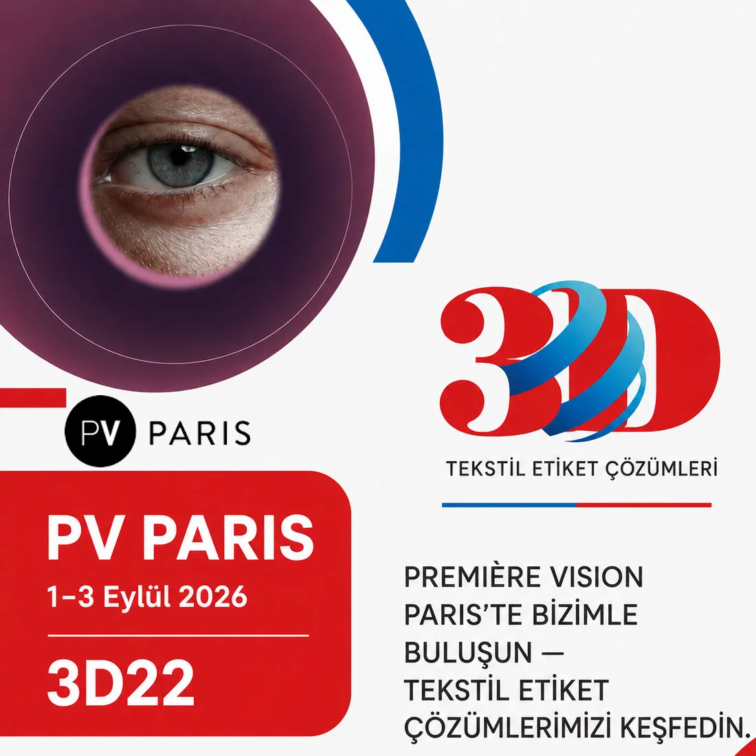 Première Vision Paris 2026 fuarı 1-3 Eylül tarihleri ve 3D22 stant numarasını gösteren 3D Etiket duyuru görseli